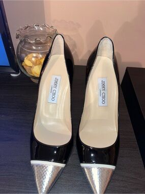 Jimmy Choo Black Patent Pointed Toe Pumps with Silver Metallic Cap